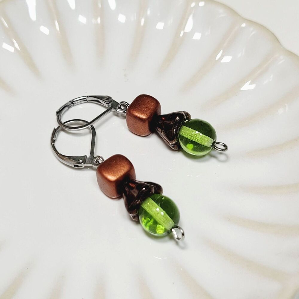 Green Glass Leverback earrings handmade Secret Lore earrings Earthy Boho 690■